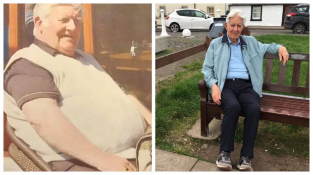 Angus McBay before his seven-stone weight loss (left) and after.