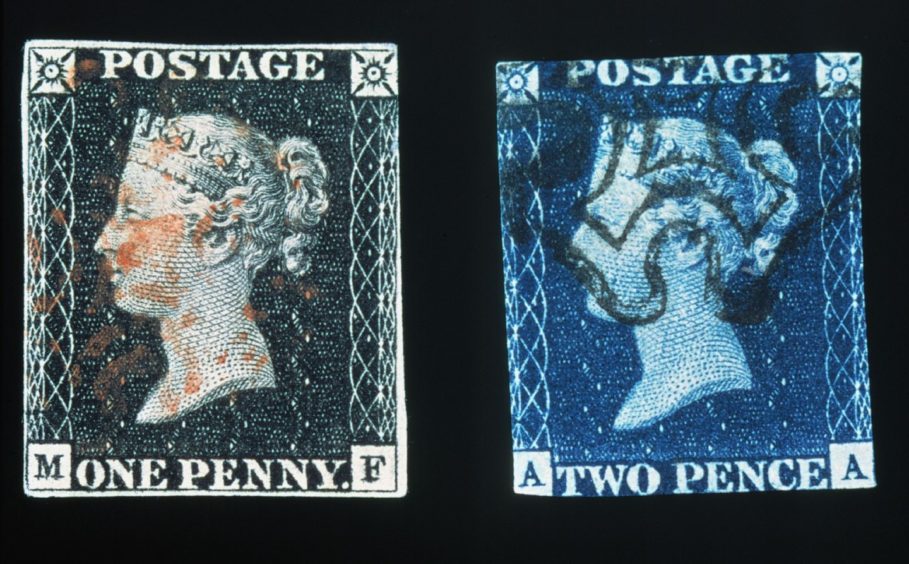 The 'Penny Black' (left), the world's first adhesive postage stamp, issued by Great Britain on May 6, 1840; and the 'Two Penny Blue', released two days later.