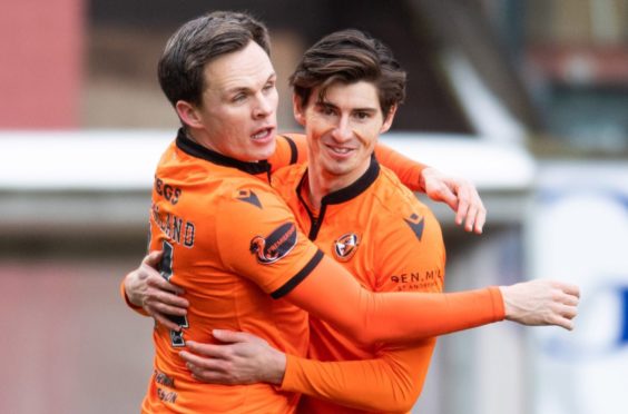 Lawrence Shankland and Ian Harkes celebrate going 2-0 up.