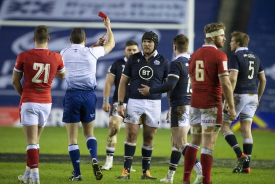 Zander Fagerson is shown the red card by referee Matt Carley.