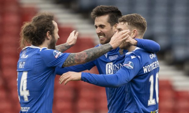 Stevie May, Callum Booth and David Wotherspoon celebrate at full-time.