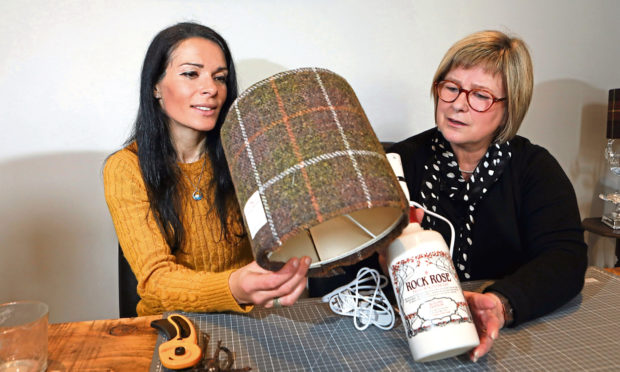 Gayle learned how to craft a lamp using an empty gin bottle and Harris Tweed with Angela Moores of LightnShadeTayside - before lockdown.