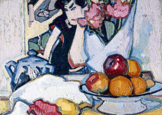 Flowers and Fruit with a Japanese Background (detail). Peploe.