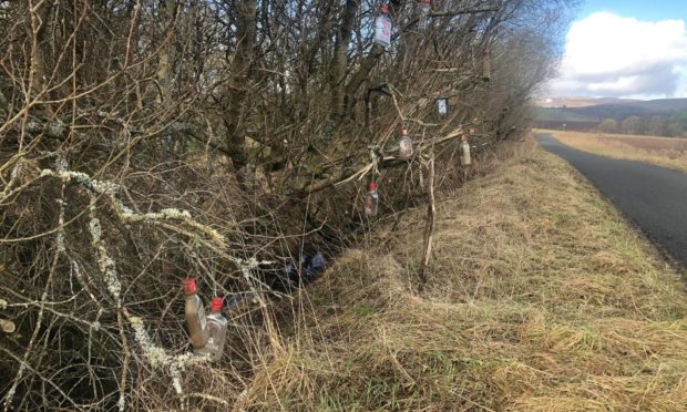 To go with story by James Simpson. Locals perplexed why alcohol containers have been attached to the trees. Picture shows; Alcohol containers attached to trees. Near Westmuir Village. James Simpson/DCT Media Date; 25/02/2021