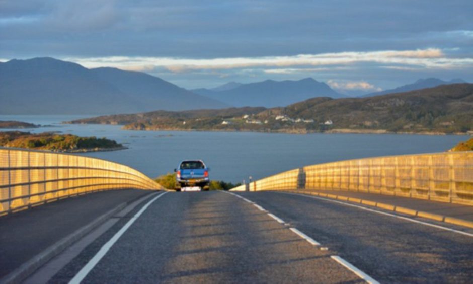 Coming over a the Skye Bridge and Loch Alsh in the evening sun