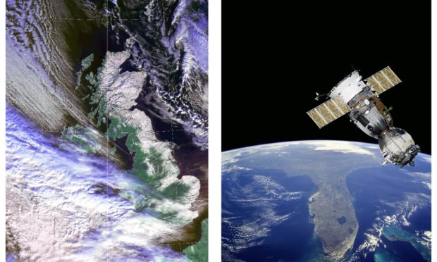 Left, an image of the UK's February snowstorm collected by the Errol station, and right, a satellite in orbit.