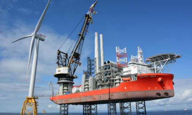 Offshore turbine jacket foundation installation at Beatrice offshore wind farm, developed by SSE Renewables.