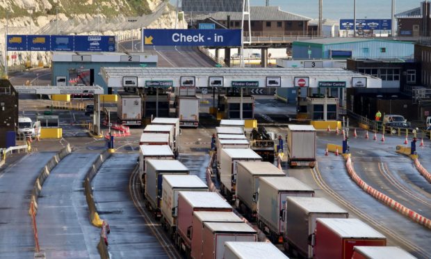 Lorries queue for the frontier control area at the Port of Dover.