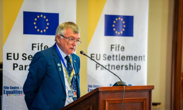 Fifre Council co-leader David Alexander addressing a meeting to highlight the EU settlement scheme back in September 2019.