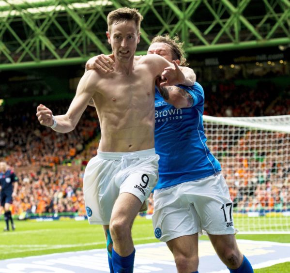 Steven MacLean celebrates Scottish Cup final goal with Stevie May.