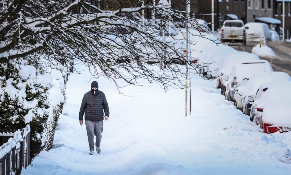 A man walks in deep snow on Fountainbleau Drive, Dundee, on Wednesday February 10.