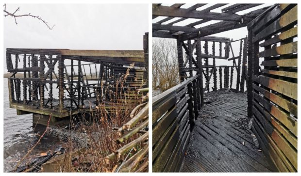 Burnt out bird hide on Loch Leven Nature Reserve