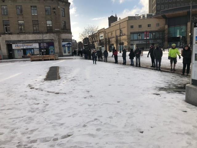 Queues for vaccines at Dundee's Caird Hall.