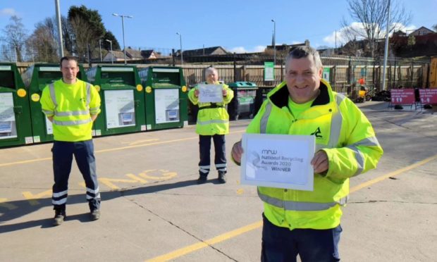 John Mackay, Robert Butter and Steven Moody at Forfar Recycling Centre.