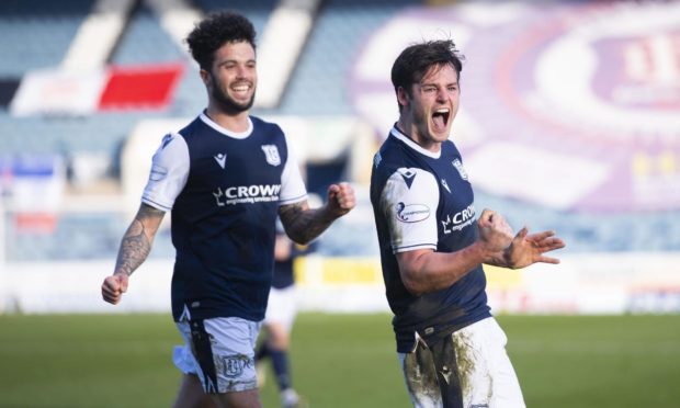 Danny Mullen (right) celebrates scoring against Arbroath.