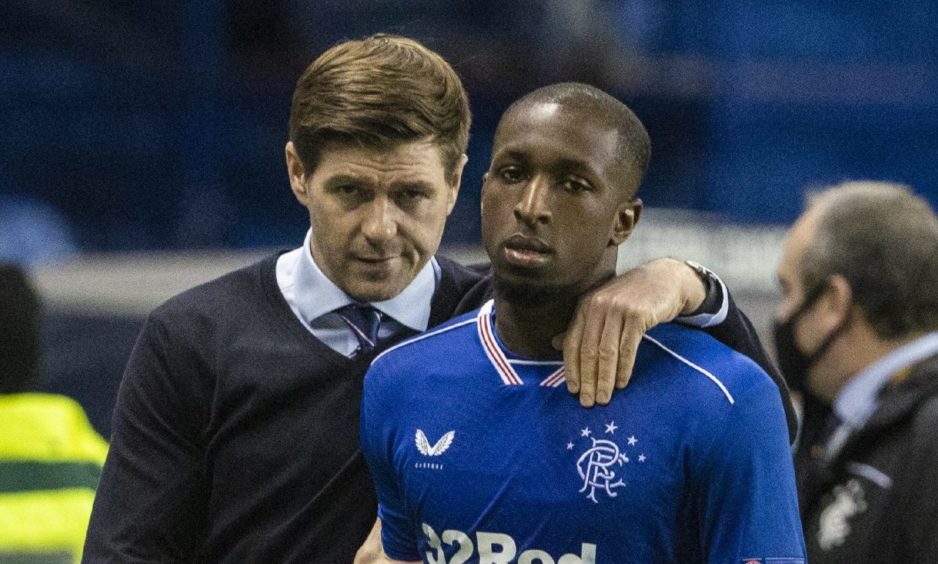 GLASGOW, SCOTLAND - MARCH 18: Rangers manager Steven Gerrard with Glen Kamara (right) at full time during the UEFA Europa League Round of 16 2nd Leg match between Rangers FC and Slavia Prague at Ibrox Stadium on March 18, 2021, in Glasgow, Scotland. (Photo by Alan Harvey / SNS Group)