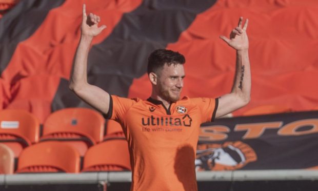 Dundee United winger Adrian Sporle celebrates his winner against Aberdeen last weekend.