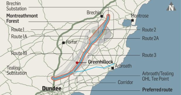 Proposed routes for the powerline through Angus.