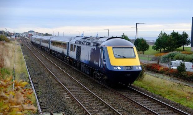 A ScotRail train passing through Carnoustie.