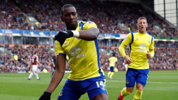 Everton's Yannick Bolasie celebrates scoring his side's first goal of the game during a Premier League match at Turf Moor, Burnley.