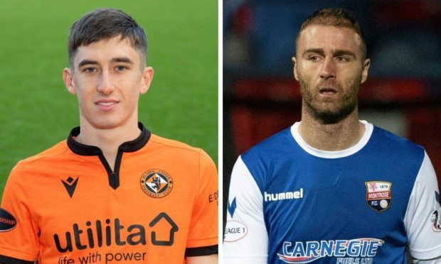 Dundee United midfielder Chris Mochrie and Montrose player-coach Sean Dillon.