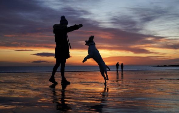 A woman throws a ball for her dog as the sun rises at Tynemouth Longsands beach in Tyne and Wear on the North East coast. Picture date: Friday March 12, 2021. PA Photo. See PA story Weather Wind . Photo credit should read: Owen Humphreys /PA Wire