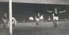 Dundee v Anderlecht, March 13, 1963.    Cox, Wishart and Smith look on as an Anderlecht shot goes just wide.