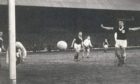 Dundee v Anderlecht, March 13, 1963.    Cox, Wishart and Smith look on as an Anderlecht shot goes just wide.
