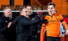 Lawrence Shankland celebrates with Dundee United boss Micky Mellon after wonder goal against St Johnstone.