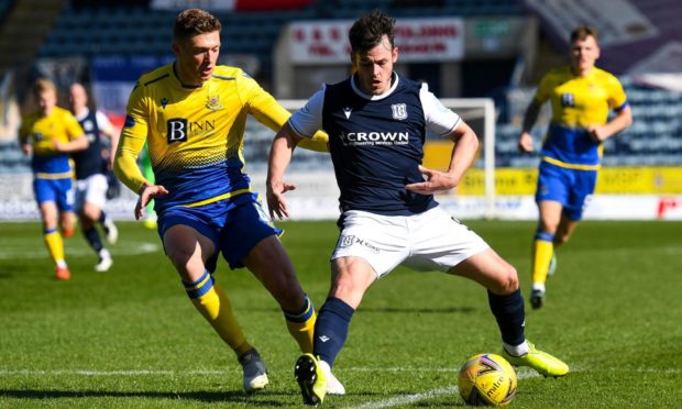 Dundee striker Danny Mullen shields the ball from St Johnstone defender Liam Gordon.