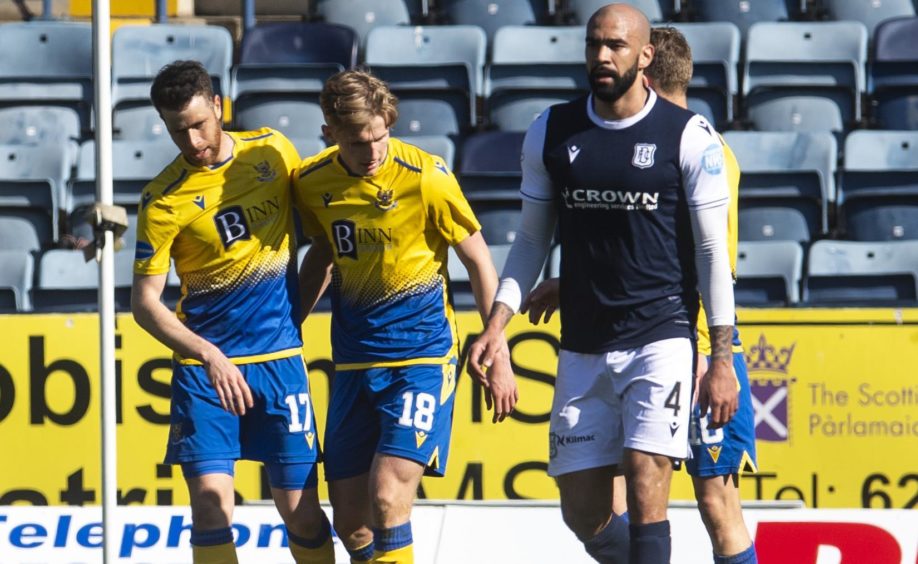 Guy Melamed celebrates with Ali McCann after scoring the goal which won St Johnstone their cup tie at Dens.