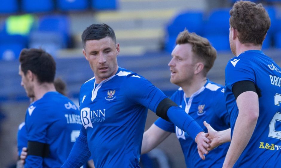 Dunfermline winger Michael O'Halloran is congratulated by team-mates after scoring a goal for former club St Johnstone.