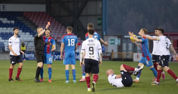 Inverness' Scott Allardice is sent off by referee Mike Roncone.