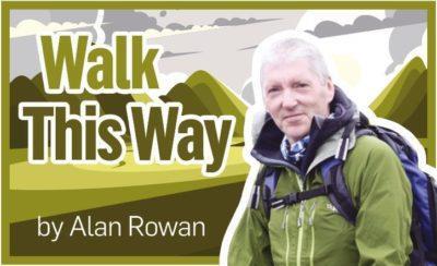 Alan Rowan in green hiking gear with the caption 'Walk This Way by Alan Rowan'