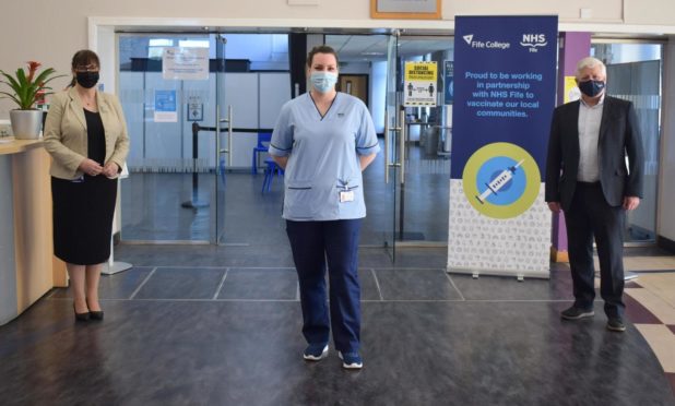 NHS Fife Director of Nursing, Janette Owens; Fife College Student/ NHS Fife Vaccinator, Jenny Colling; and Principal of Fife College, Dr Hugh Hall.