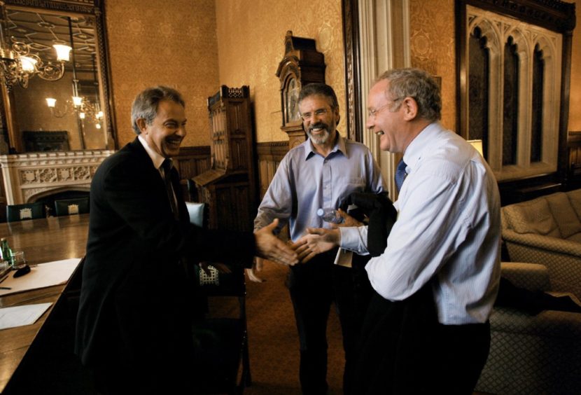 Tony Blair, Gerry Adams and Martin McGuinness in Tony Blair's former office at the House of Commons.