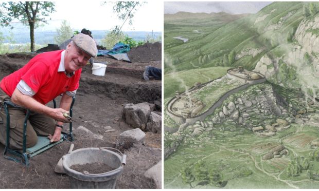 Dave MacDougall of Dunkeld and Birnam Historical Society at King's Seat hillfort alongside an artist's impression of the site by Chris Mitchell.