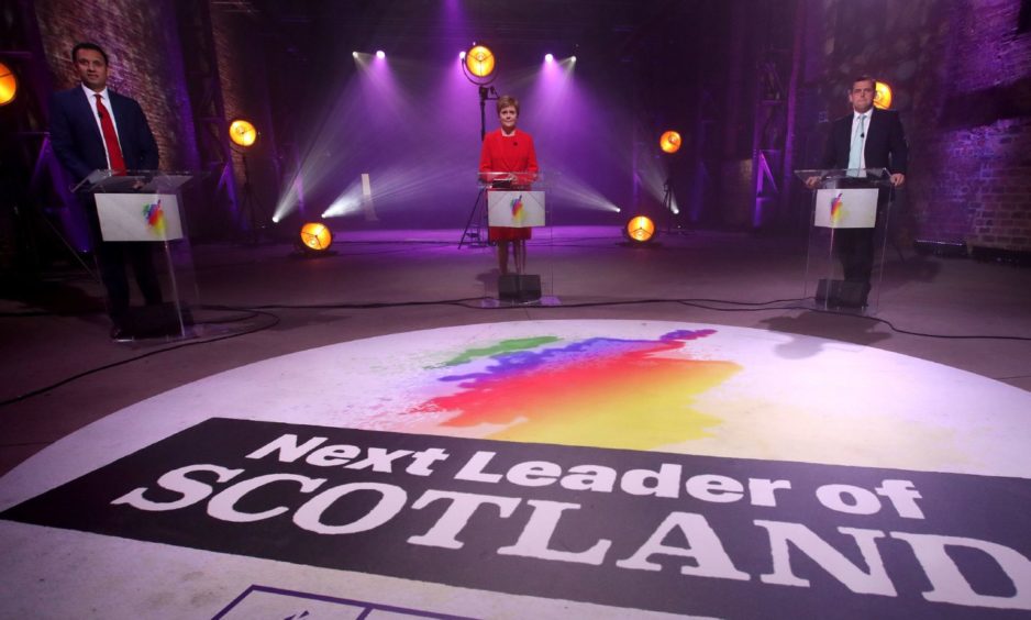 Scottish Labour leader Anas Sarwar, First Minister and leader of the Scottish National Party (SNP) Nicola Sturgeon and Scottish Conservative party leader Douglas Ross as Scottish party leaders take part in Channel 4 News election debate in Glasgow. Picture date: Tuesday April 27, 2021. PA Photo. See PA story SCOTLAND Election. Photo credit should read: Andrew Milligan/PA Wire