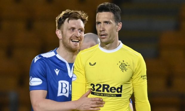See you on Sunday - Liam Craig with Rangers goalkeeper Jon McLaughlin after the final whistle blows.