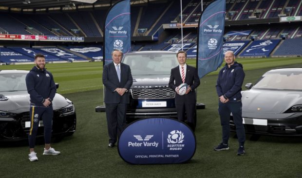 (L-R) Scotland player Ali Price, Peter Vardy Group Chairman, Sir Peter Vardy DL, Peter Vardy Group Chief Executive, Peter Vardy and Scotland Head Coach Gregor Townsend at the launch of the new deal.