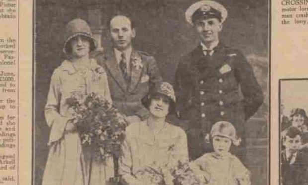 The Courier cutting from May 1929 shows the wedding at Craig Parish Church, near Montrose, of Miss Silvie McIntosh, Esk Hotel, Ferryden, and Mr Reginal C. Harradon, Deveonport. The photograph shows the bride and groom with bridesmaid Miss Peggy Tait, Dundee, Miss Silvie Fraser, Dundee, and groomsman Mr James Fraser, Craig Schoolhouse. Silvies grandparents ran Esk Hotel