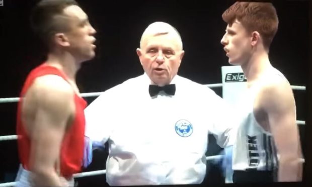 Joe boxing a televised bout on the BBC in 2019, between Mathew McHale and Steven Boyle in the Scottish Elite Finals.