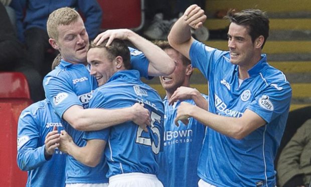 The St Johnstone players celebrate a Chris Kane goal that took them into Europe in 2015.