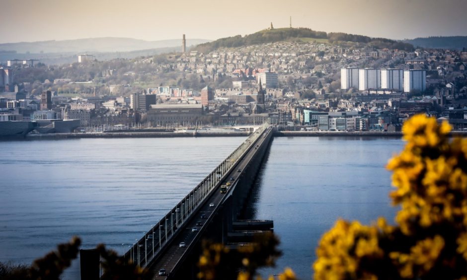 Photo shows the River Tay, looking across the road bridge to Dundee.