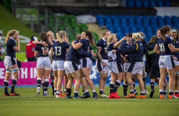Scotland's women celebrate their historic draw with France last October.
