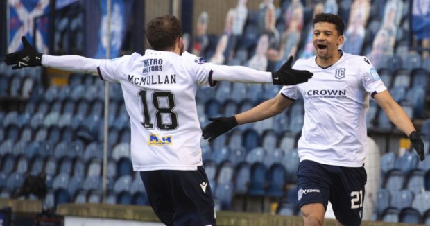 Paul McMullan and Osman Sow celebrate at Raith Rovers.