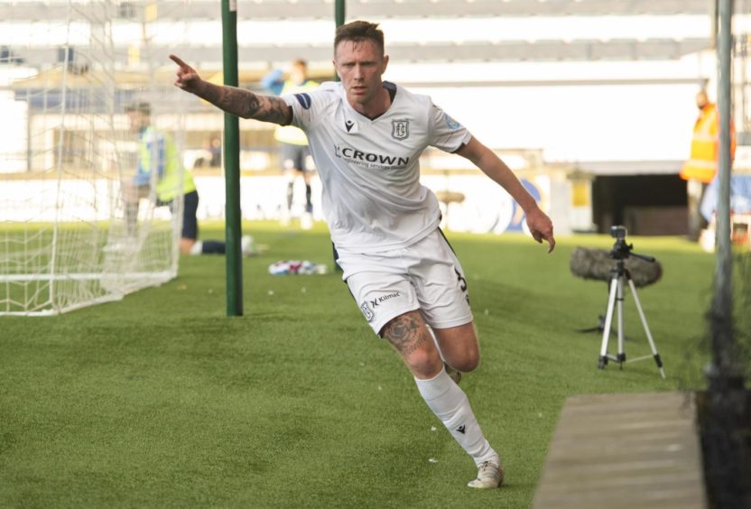 Jordan McGhee celebrates scoring against Raith Rovers in last season's play-off.