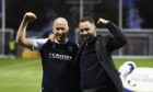 Charlie Adam and Dundee boss James McPake celebrate their side's promotion success