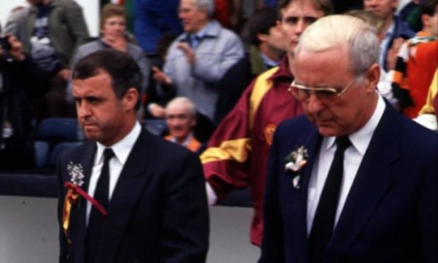 Brothers Tommy and Jim McLean lead their sides out for the 1991 Scottish Cup Final between Dundee United and Motherwell.