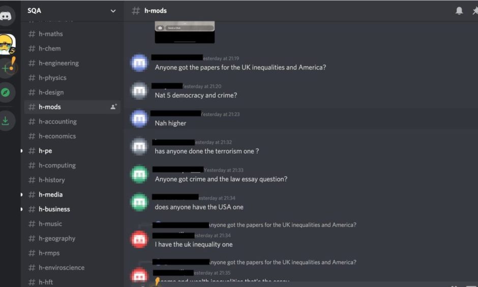 To go with story by Laura Devlin. Pupils are now anonymously sharing assessment details Picture shows; Discord screenshot . N/A. Laura Devlin/DCT Media Date; 13/05/2021